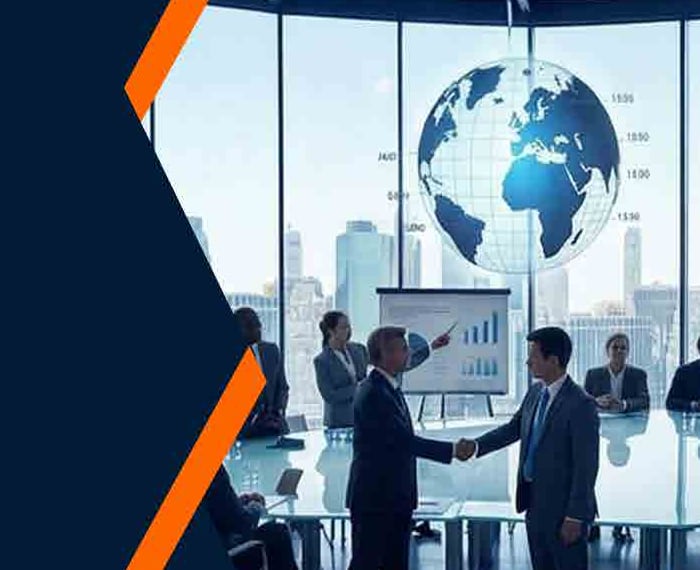 Two business consultants shaking hands in a meeting room